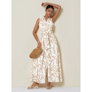 ADOR White Tan Abstract Floral Sleeveless Maxi Shirt Dress Belted Summer XL NWT